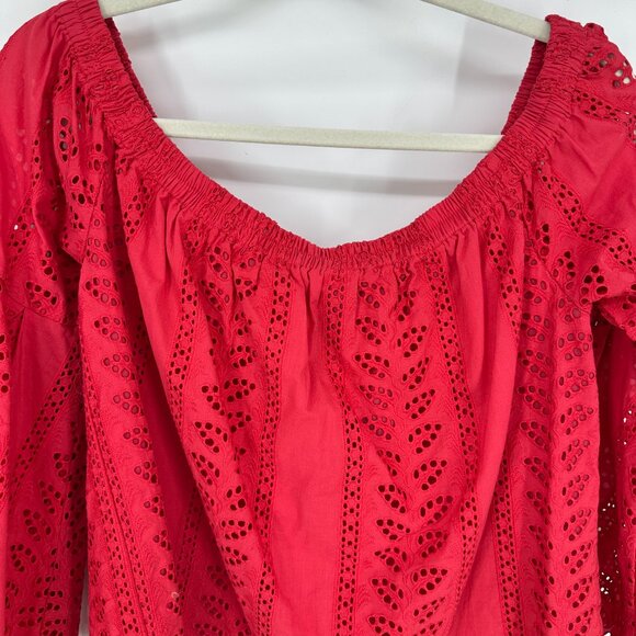 Express Off Shoulder Eyelet Blouse Top L Womens Flare Bell Long Sleeves Red NEW - Picture 7 of 9